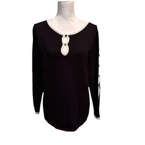 August Silk Two Tone Black Ivory Keyhole Knit Top Button Sleeve Womens Medium